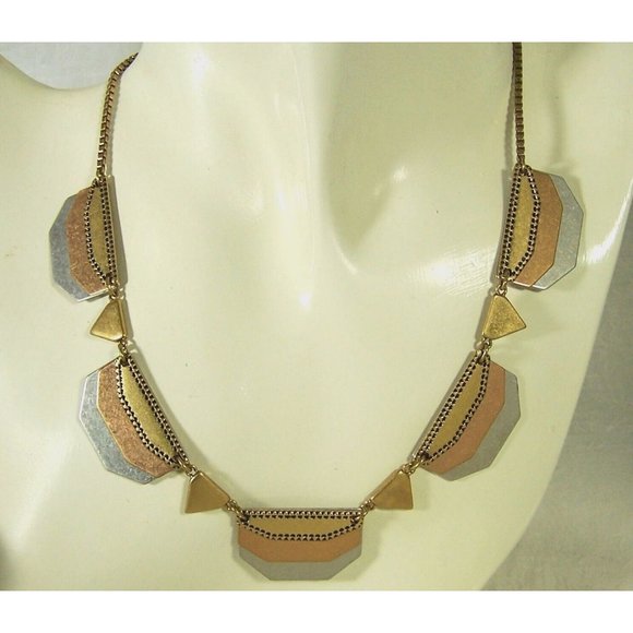 MadeWell Tri-Metal Tones Geometric Necklace 18" Gold Copper Silver 3" Extender - Picture 1 of 6
